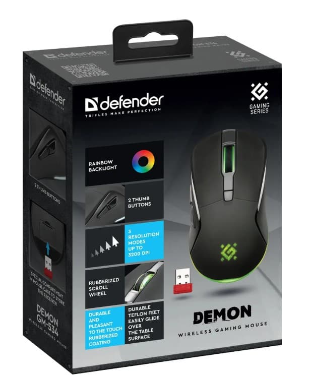Мышь беспроводная Defender Demon GM-534 черный, игровая 3200 dpi, ускор.10G.встр. аккум. 500mAh, 5 кн. подсветка (52534)
